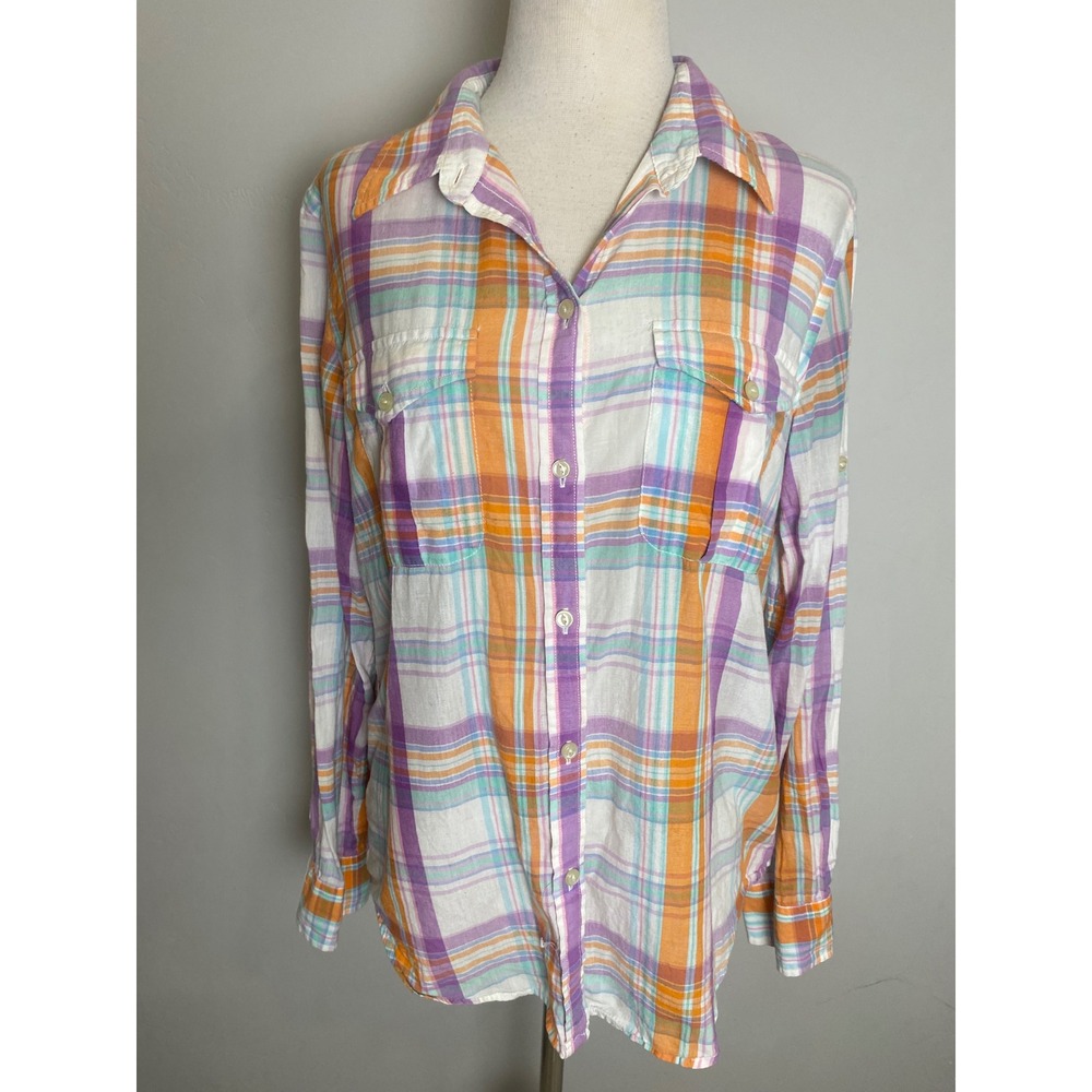 Lauren Jeans Co Ralph Lauren Plaid Button Down Shirt Orange Purple Teal Medium